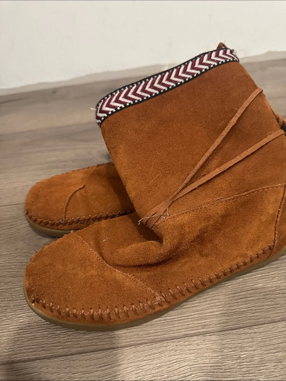 Toms Suede Moccasin Boot in Chestnut Brown with Patterned Trim